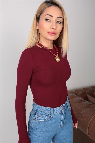 Önü Dikişli Bordo Dar Bady Bluz