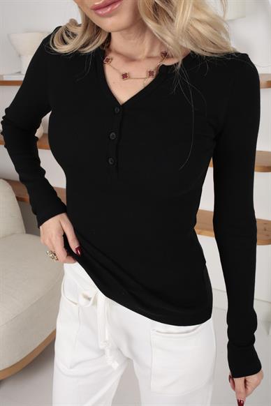 Önü Düğmeli Siyah Fitilli İnce Sweatshrt
