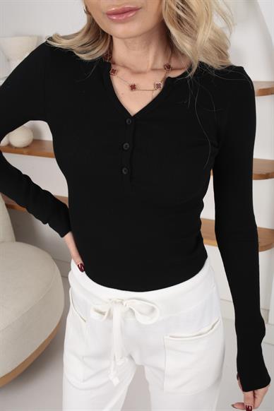 Önü Düğmeli Siyah Fitilli İnce Sweatshrt