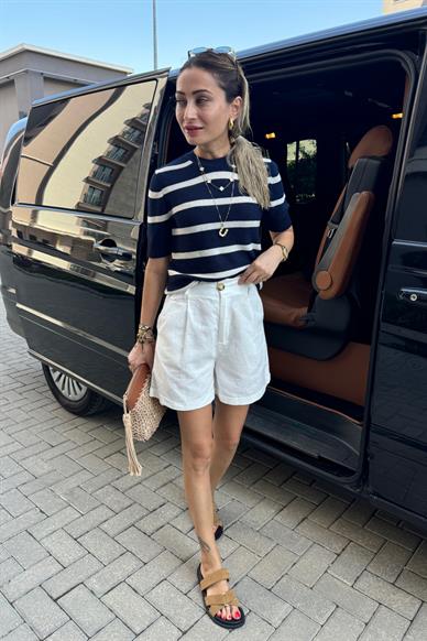 Örgü Kemerli Beyaz Keten Şort