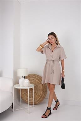 Örgü Kemerli Vizon Keten Elbise