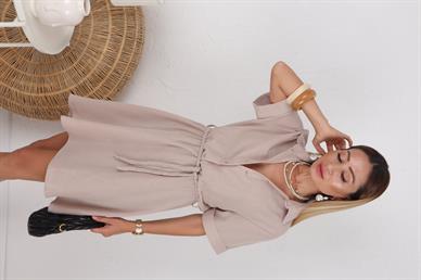 Örgü Kemerli Vizon Keten Elbise