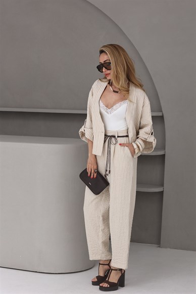 Örme Keten Çizgili Naturel Takım