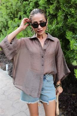 Oversize Kahve İpeksi Gömlek