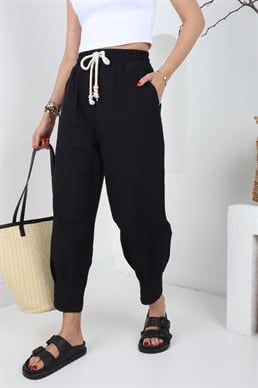 Paça Pilili Halat Kemer Siyah Pantolon