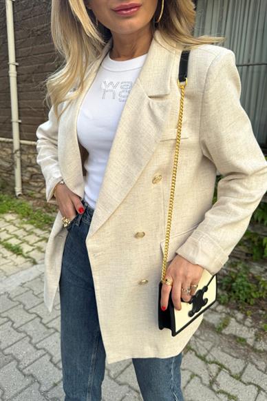 Pamuk Keten Taş Kruvaze Blazer Ceket