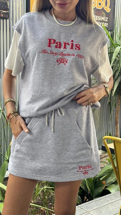 Paris Nakışlı Gri Şort Etekli Spor Takım