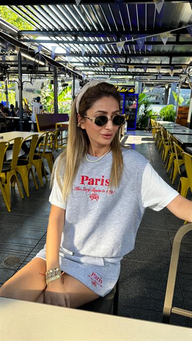 Paris Nakışlı Gri Şort Etekli Spor Takım
