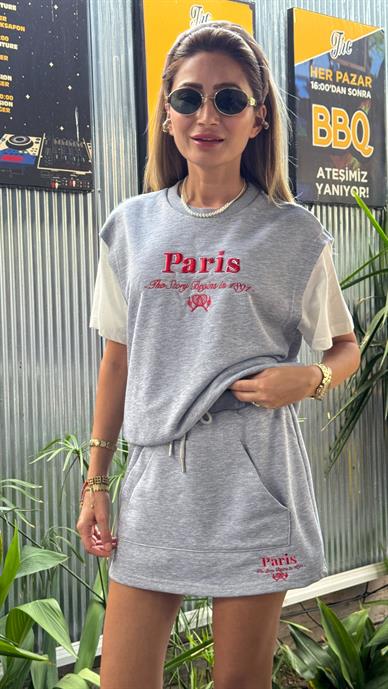 Paris Nakışlı Gri Şort Etekli Spor Takım