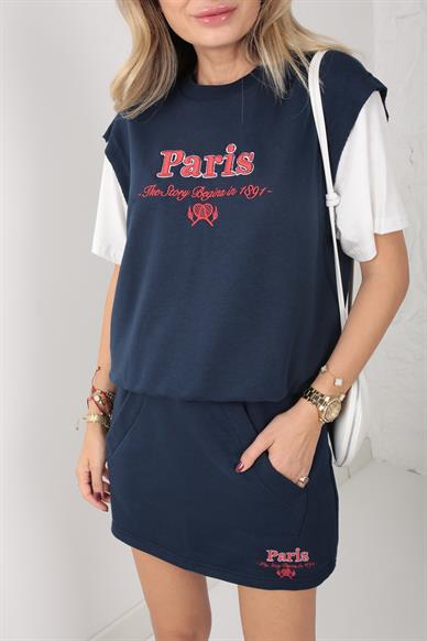Paris Nakışlı Lacivert Şort Etekli Spor Takım