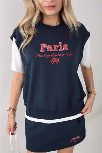 Paris Nakışlı Lacivert Şort Etekli Spor Takım
