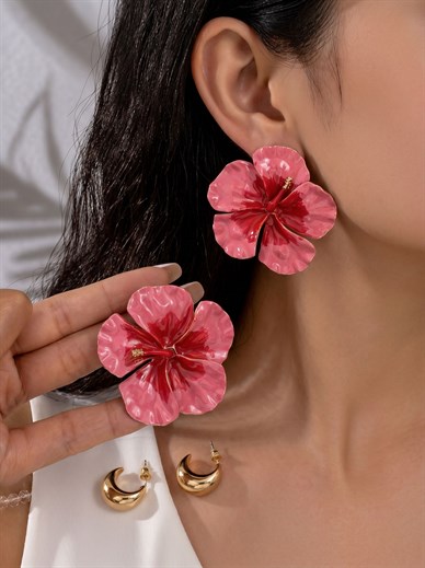 Pembe Çiçekli Metal Set Küpe