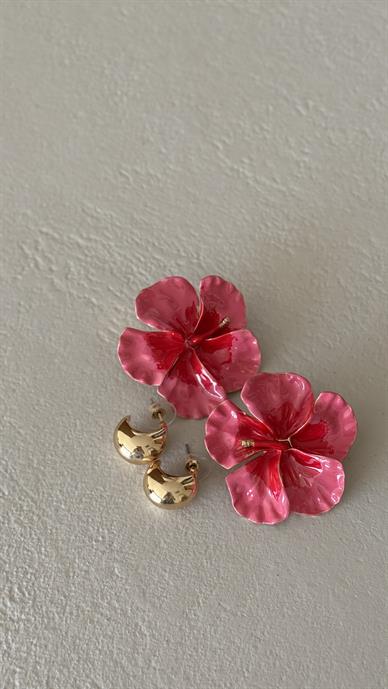 Pembe Çiçekli Metal Set Küpe