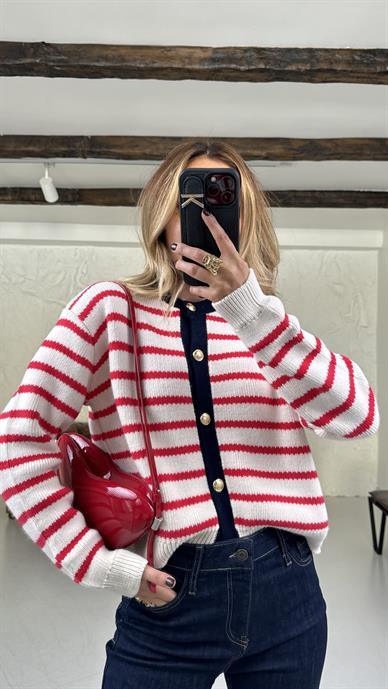 Pembe Çizgili Gold Düğmeli Hırka