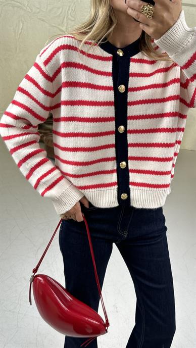 Pembe Çizgili Gold Düğmeli Hırka