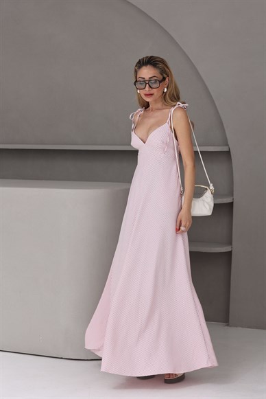 Pembe Çizgili Sırt Dekolteli Keten Elbise