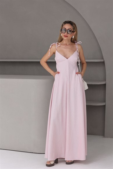 Pembe Çizgili Sırt Dekolteli Keten Elbise