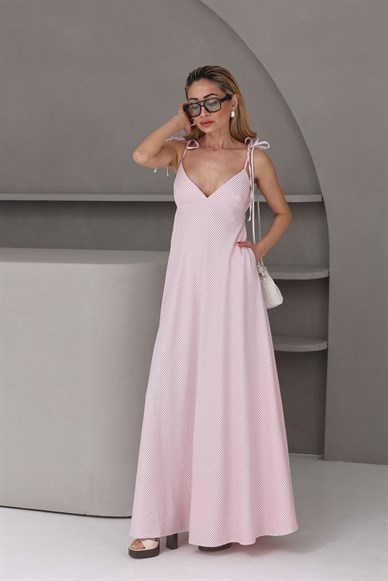 Pembe Çizgili Sırt Dekolteli Keten Elbise