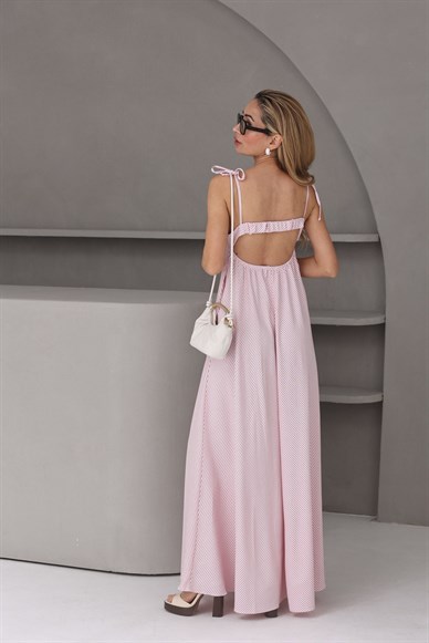 Pembe Çizgili Sırt Dekolteli Keten Elbise