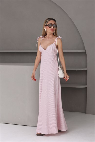 Pembe Çizgili Sırt Dekolteli Keten Elbise