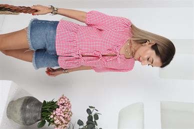 Pembe Pötükare Bağlamalı Bluz