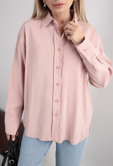 Pembe Yanı Yırtmaçlı Modal Gömlek