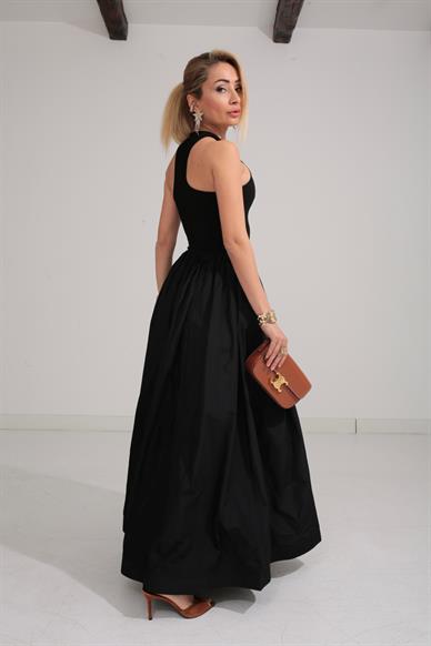 Penye Detay Eteği Tafta  Siyah Elbise