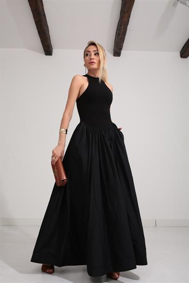 Penye Detay Eteği Tafta  Siyah Elbise