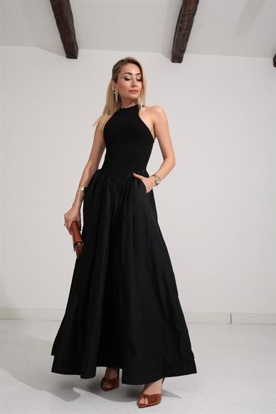 Penye Detay Eteği Tafta  Siyah Elbise