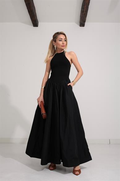 Penye Detay Eteği Tafta  Siyah Elbise
