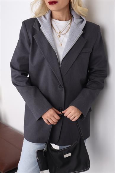 Penye Kapişonlu Gri Blazer Ceket