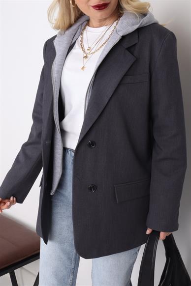 Penye Kapişonlu Gri Blazer Ceket
