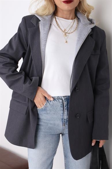 Penye Kapişonlu Gri Blazer Ceket