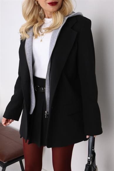 Penye Kapişonlu Siyah Blazer Ceket