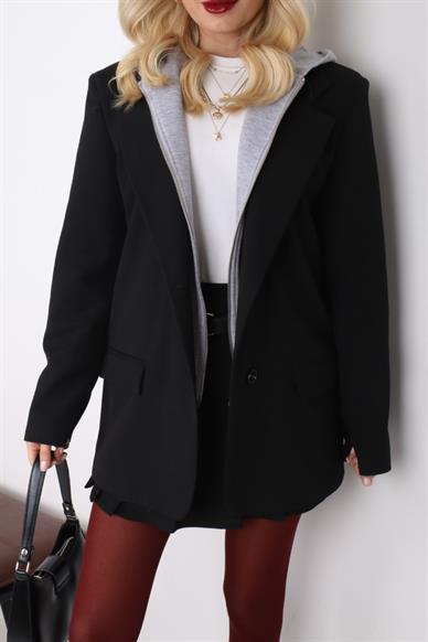 Penye Kapişonlu Siyah Blazer Ceket