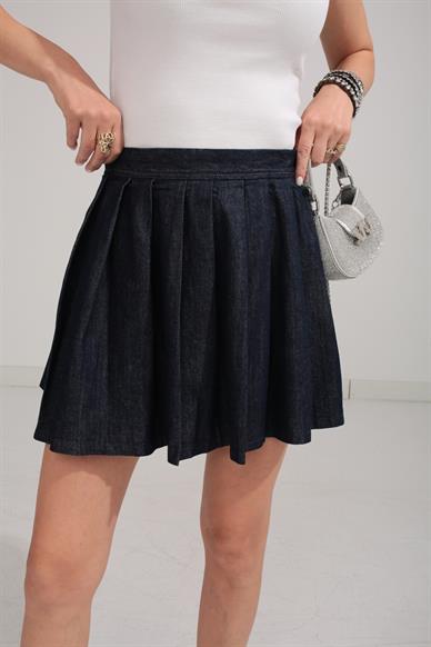 Pileli Kısa Denim Etek