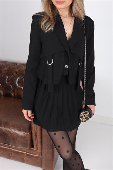 Pileli Şort Etekli Crop Ceketli Takım