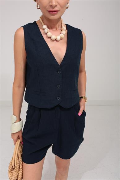 Pileli Şortlu Lacivert Keten Yelekli Takım