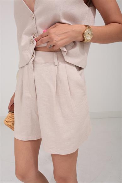 Pileli Şortlu Naturel Keten Yelekli Takım