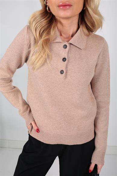 Polo Yaka 3 Düğmeli Camel Triko Kazak