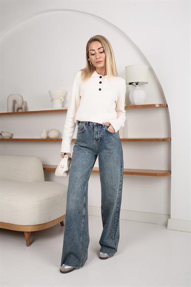 Polo Yaka 3 Düğmeli Ekru Kazak