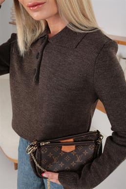 Polo Yaka 3 Düğmeli Kahve Kazak