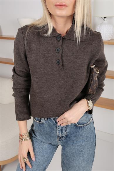 Polo Yaka 3 Düğmeli Kahve Kazak