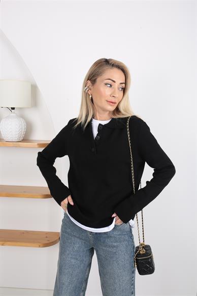 Polo Yaka 3 Düğmeli Siyah Kazak