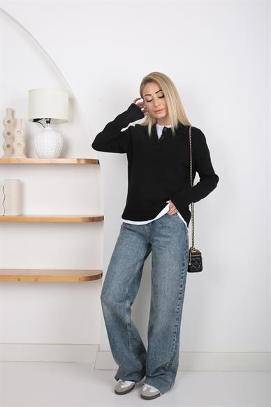 Polo Yaka 3 Düğmeli Siyah Kazak