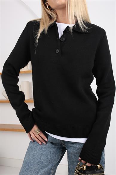 Polo Yaka 3 Düğmeli Siyah Kazak