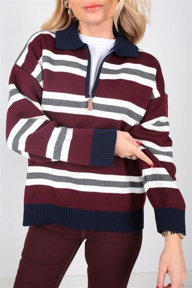 Polo Yaka Bordo Çizgili Fermurlı Kazak