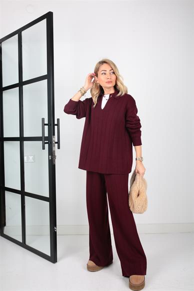 Polo Yaka Bordo Pantolonlu Triko Takım