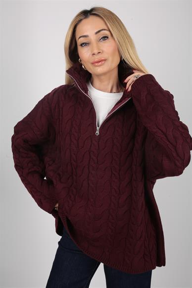 Polo Yaka Bordo Saç Örgülü Fermuarlı Kazak