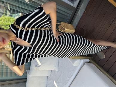 Polo Yaka Çizgili Triko Elbise